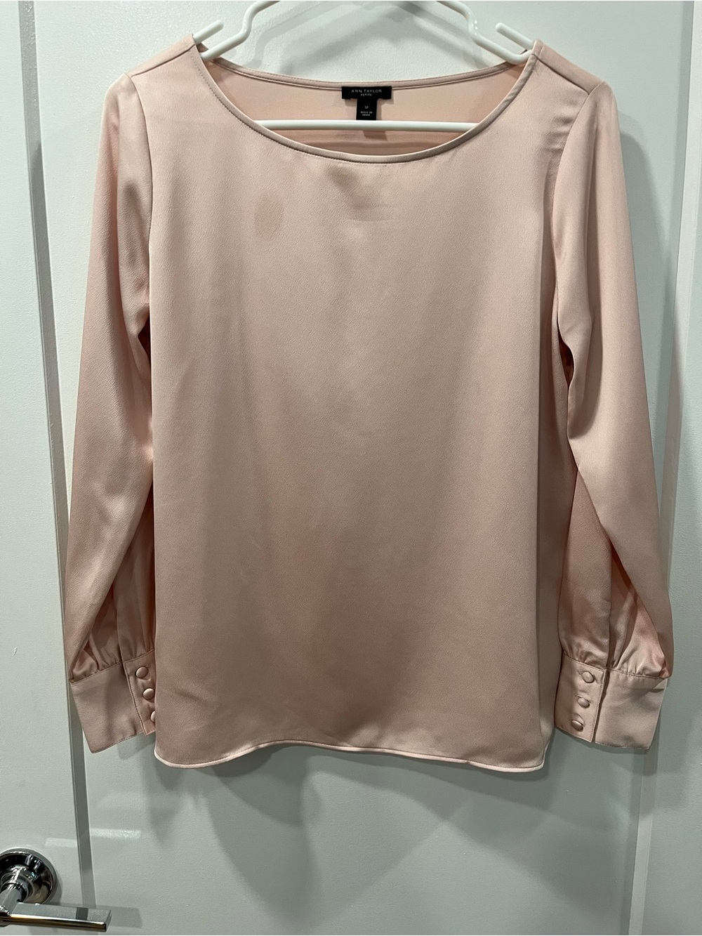 Ann Taylor Blush Pink Satin Long-Sleeve Shell NWOT